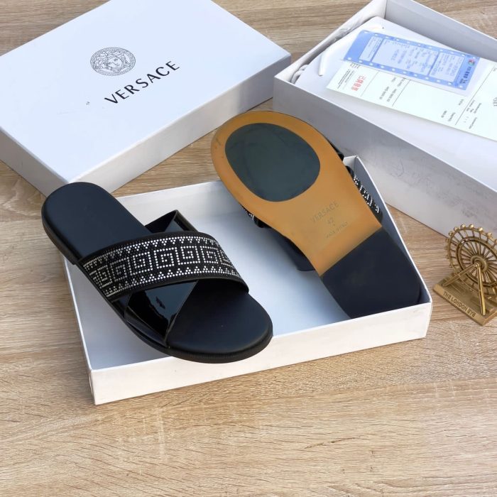 Black Leather Versace Men’s Palm Slippers